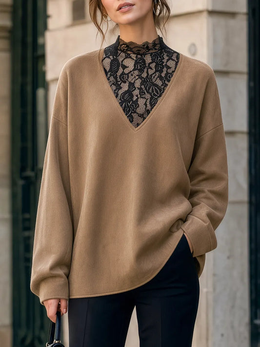 Faux Suede Lace Paneled V-Neck Top
