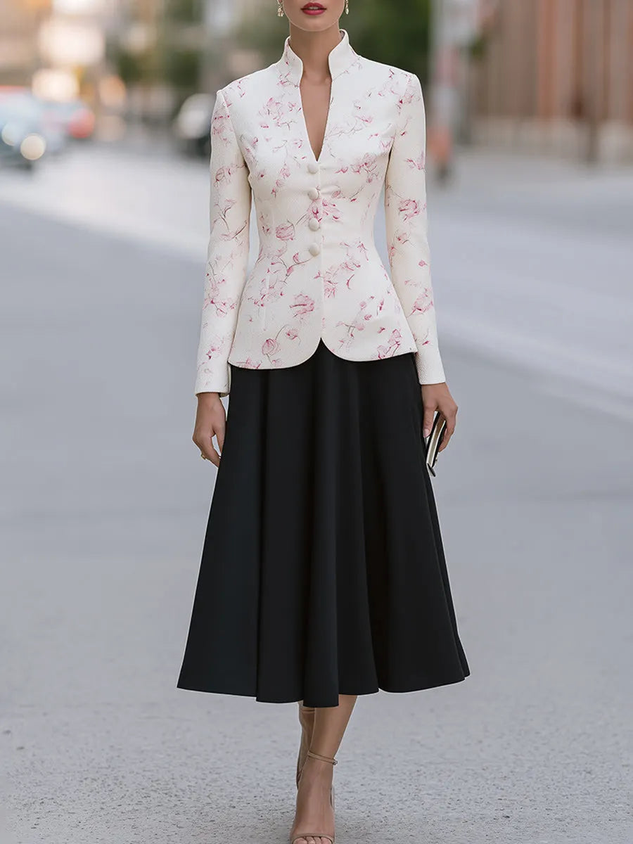 Floral Stand-Collar Jacket And A-Line Midi Skirt Set