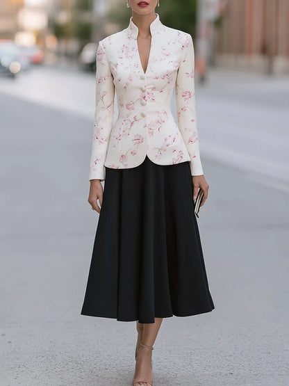 Floral Stand-Collar Jacket And A-Line Midi Skirt Set