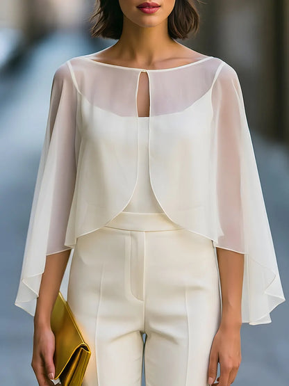 Keyhole Cape Sleeve Chiffon Blouse