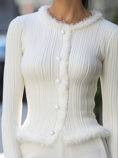 Faux Fur-Trimmed Pearl Button Ribbed Knit Cardigan