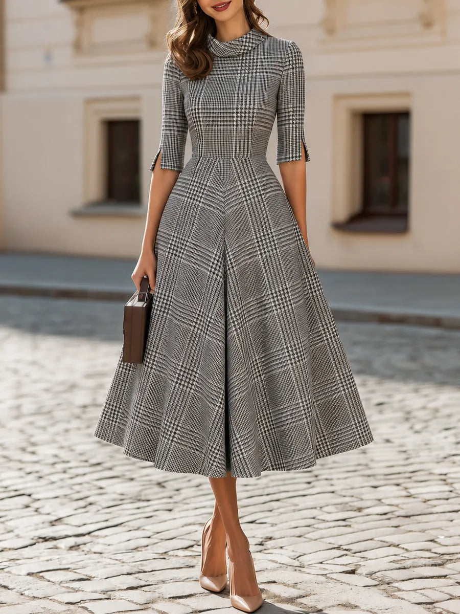 3/4 Split Sleeve Plaid Flared Midi  Dress