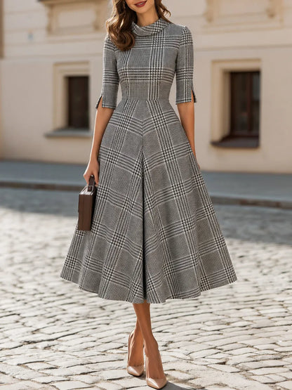 3/4 Split Sleeve Plaid Flared Midi  Dress