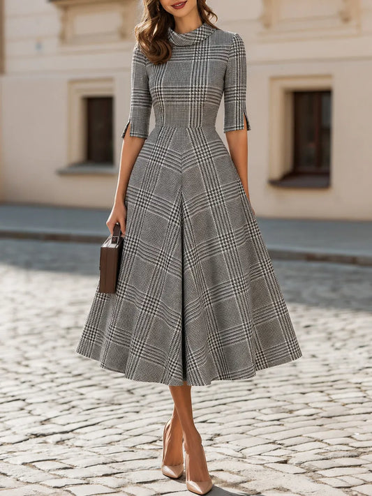 3/4 Split Sleeve Plaid Flared Midi  Dress