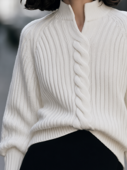 Split Mock-Neck Cable-Front Ribbed Raglan Knit Sweater