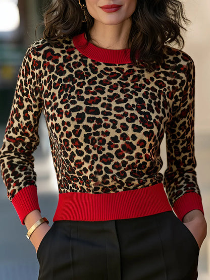 Leopard Contrast Trim Crew Neck Knit Top