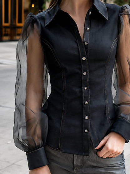 Organza-Sleeve Denim Button-Up Top