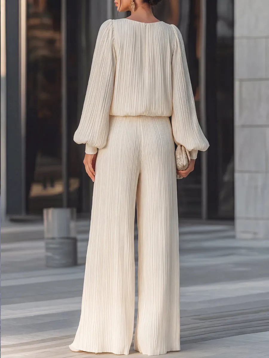 Vertical Pleated Flowing Wide-Leg Two-Piece Set