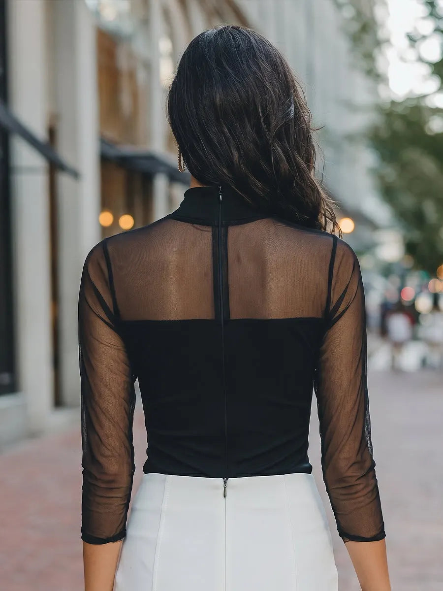 Sheer-Sleeve High-Neck Fitted Top