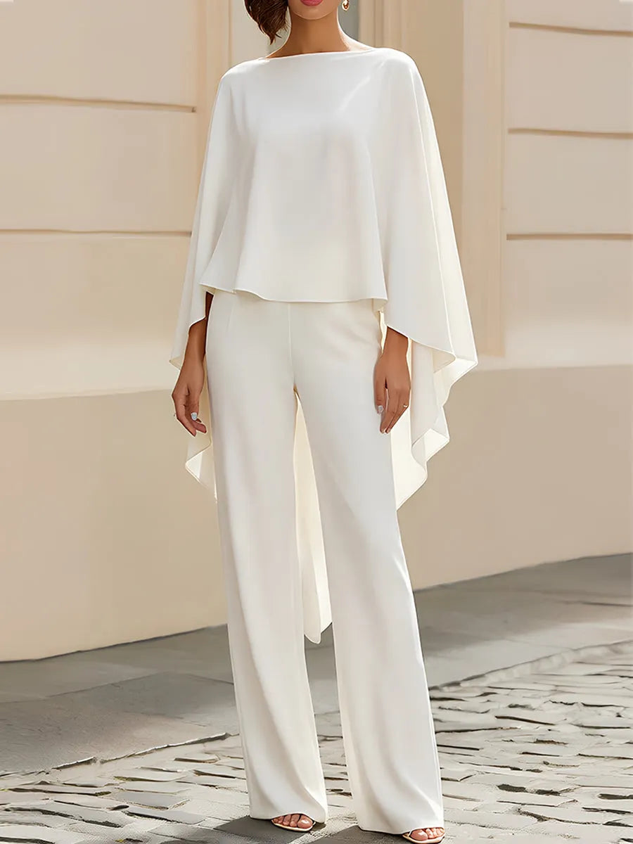 Boat Neck Cape Sleeve Cropped Blouse & High Waist Wide Leg Pants Two-Piece Set