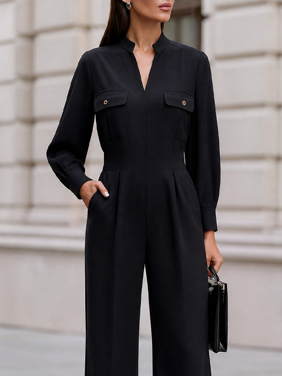 Stand Collar Button Pocket Long Sleeve Wide Leg Tailored Jumpsuit