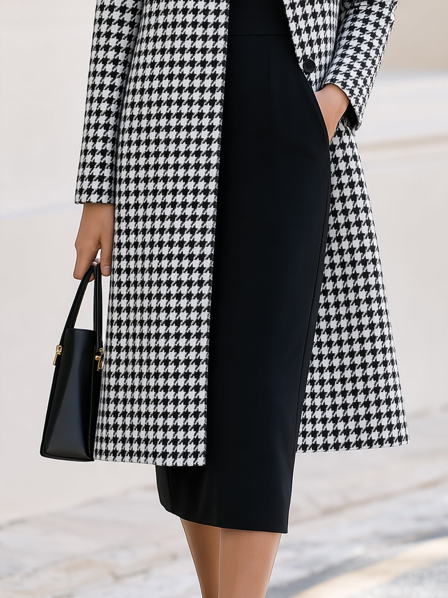Black & White Houndstooth Coat & Black Midi Dress Two-Piece Co-Ord Set