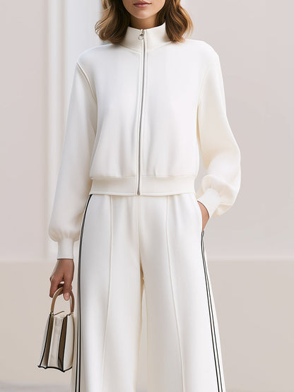 Stand Collar Zip  Cropped Jacket & Double Side Stripe Wide Leg Pants