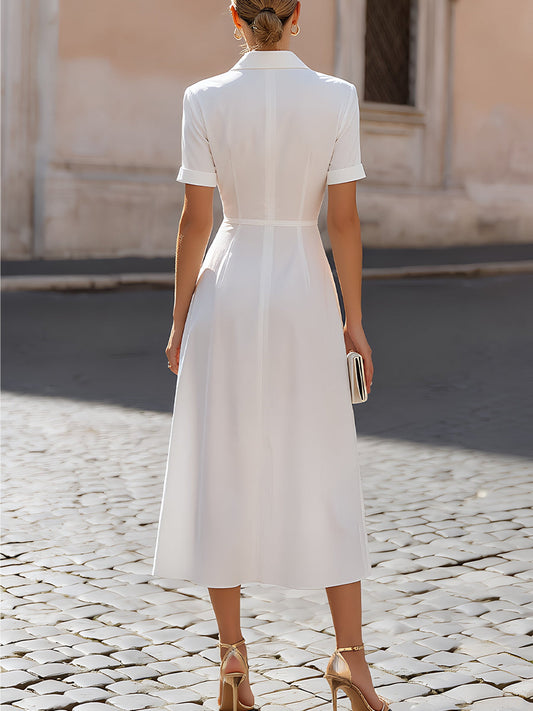 Collared Short Sleeve Lace-Up Front Slit Midi Shirt Dress