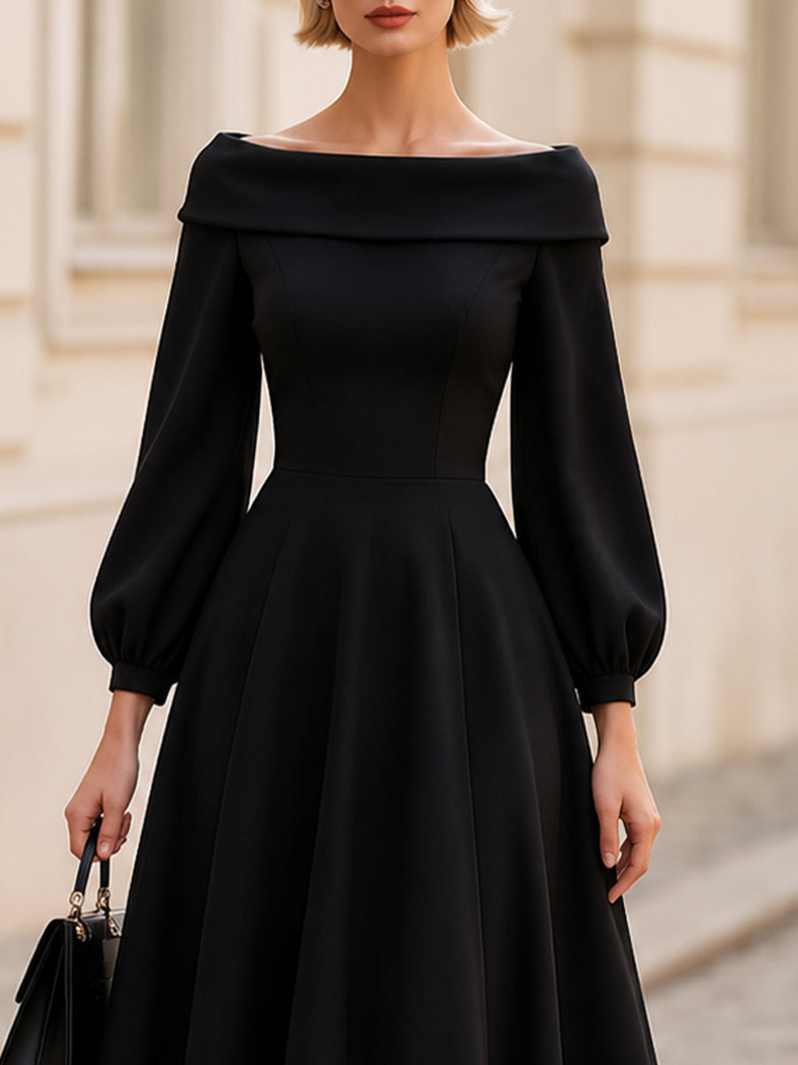 Off-The-Shoulder Balloon Long Sleeve Midi Flared Dress
