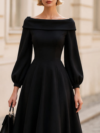 Off-The-Shoulder Balloon Long Sleeve Midi Flared Dress