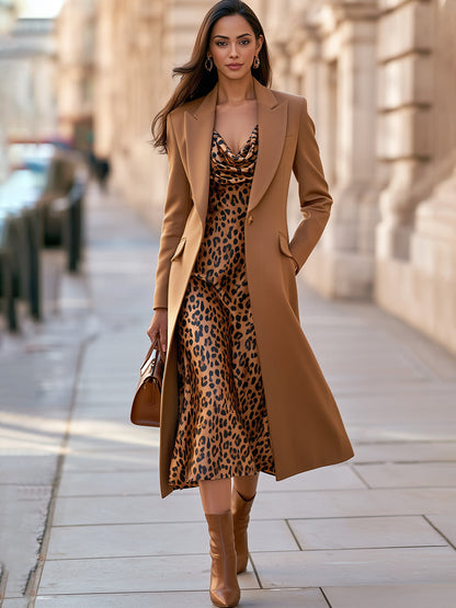 Tailored Long Coat And Leopard Print Midi Dress Set