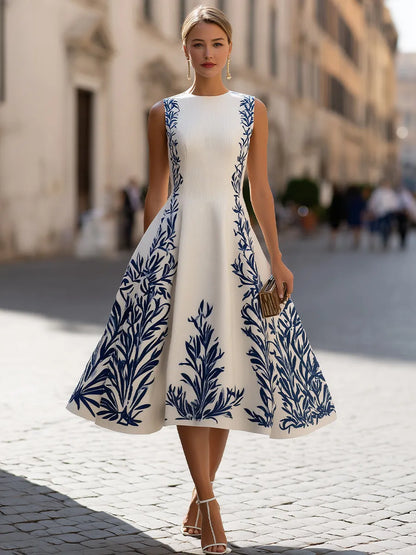 Sleeveless A-Line Midi Dress With Printed Accents
