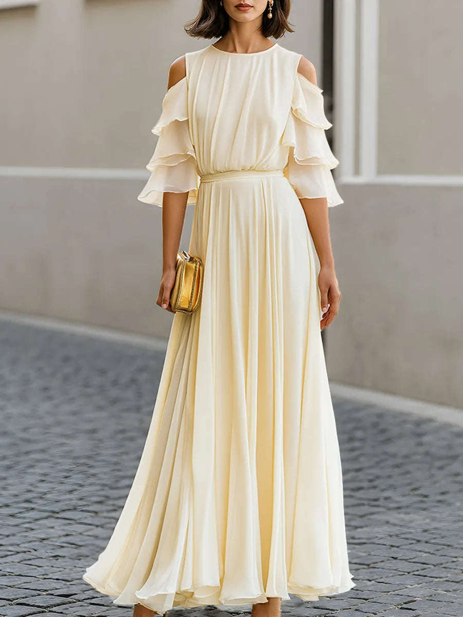 Cold Shoulder Layered Sleeve Chiffon Maxi Dress Flowing Pleats