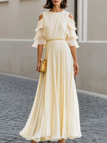 Cold Shoulder Layered Sleeve Chiffon Maxi Dress Flowing Pleats