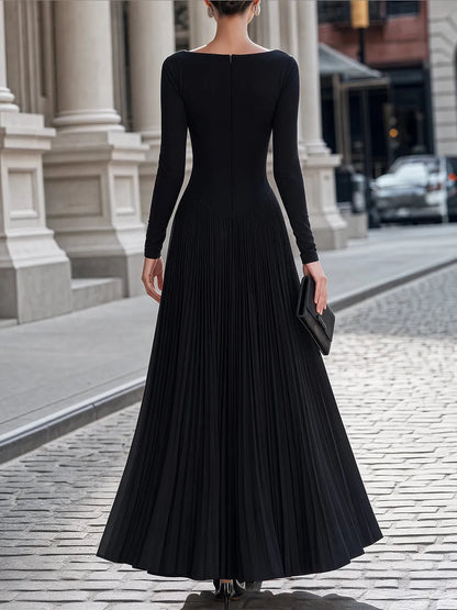 Pleated-Panel Long-Sleeve Structured Maxi Dress