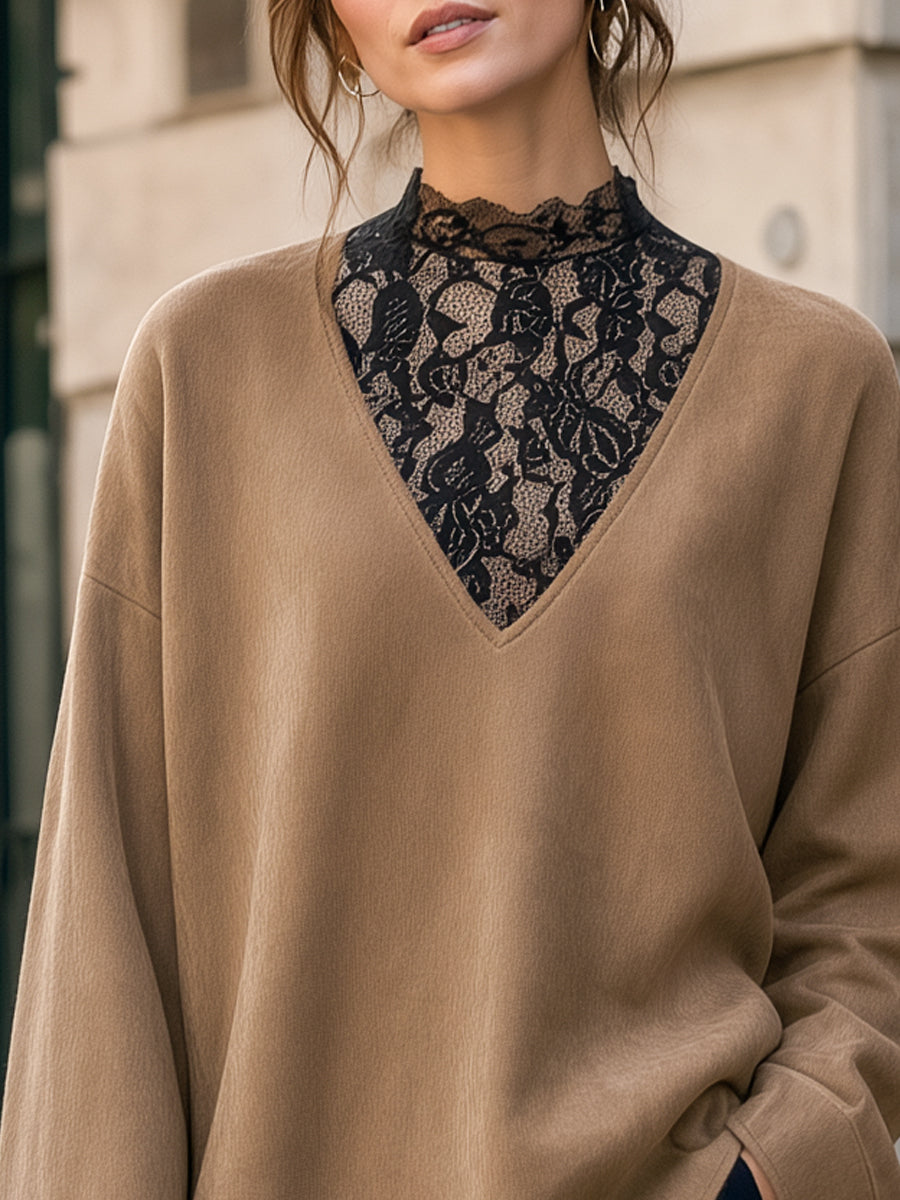 Faux Suede Lace Paneled V-Neck Top