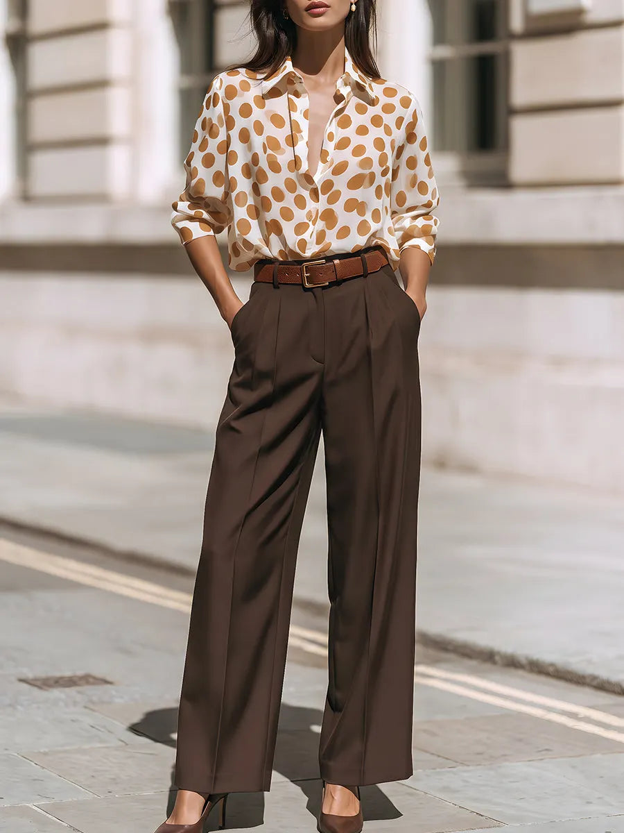 Polka Dot Button-Front Blouse With Tailored Wide-Leg Trousers Set