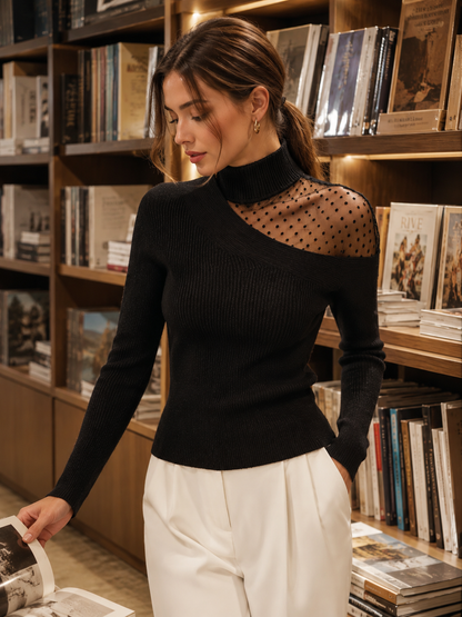 Asymmetrical Mesh Sheer Polka Dot Mock-Neck Sweater