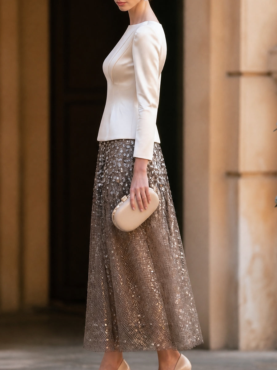 Elegant Satin Long-Sleeve Sequin Mesh Midi Dress
