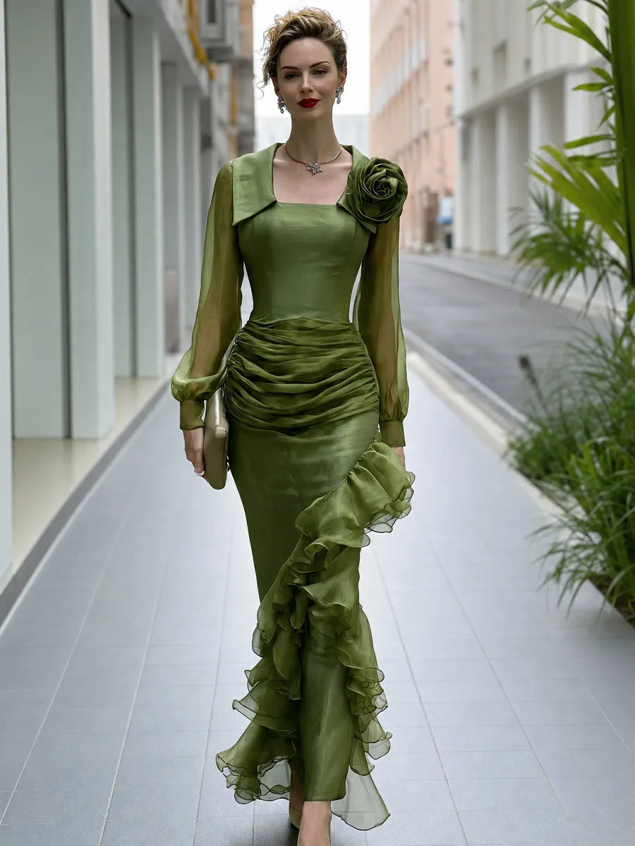 Floral Ruched Ruffle Maxi Dress