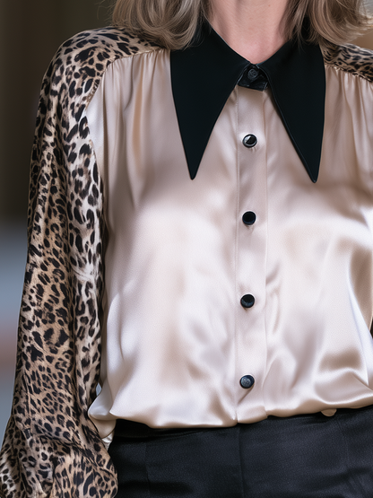 Point-Collar Animal Print Sleeve Button-Front Satin Blouse