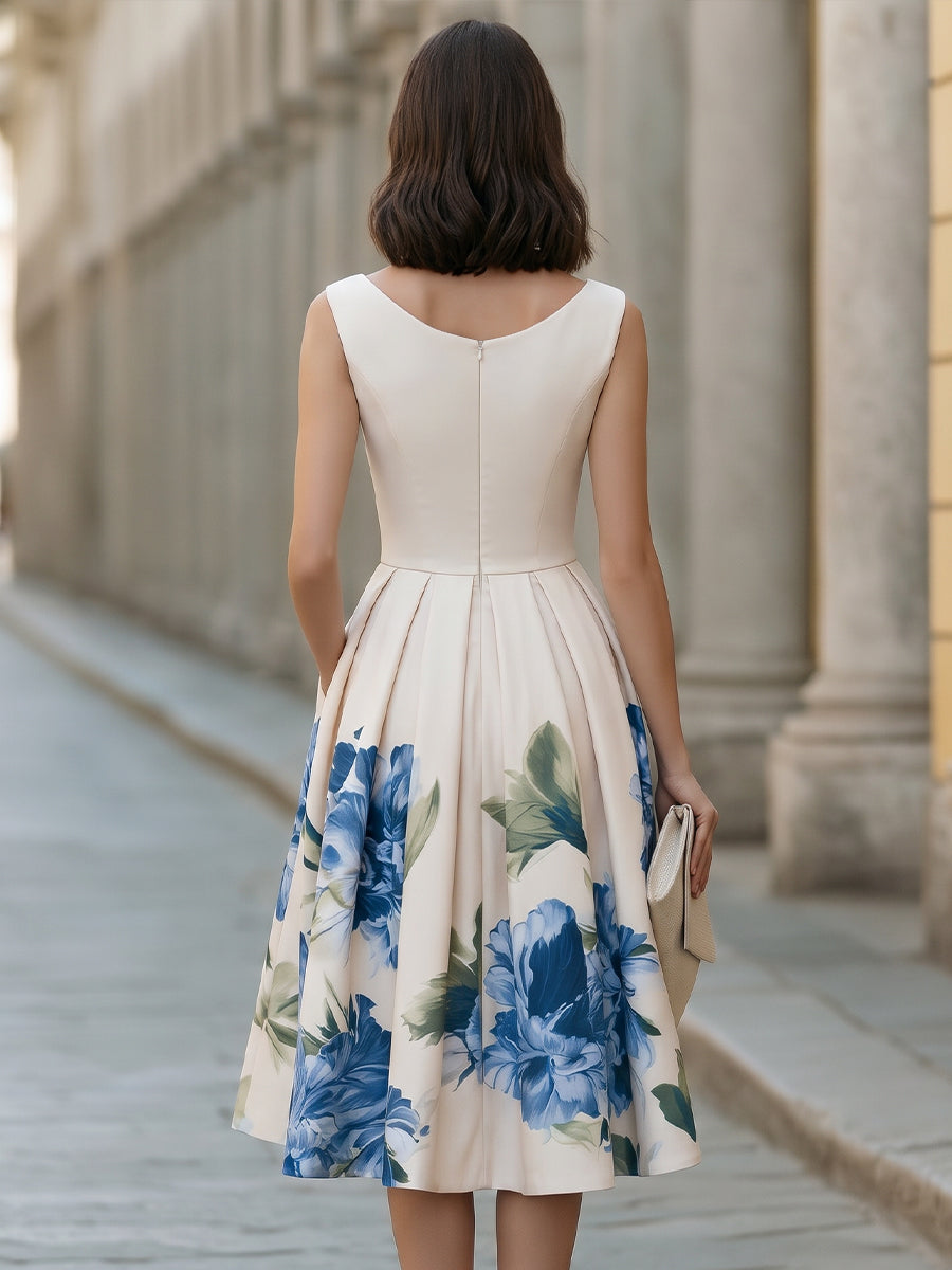 Elegant Boat Neck Sleeveless Floral Pleated Midi Dress