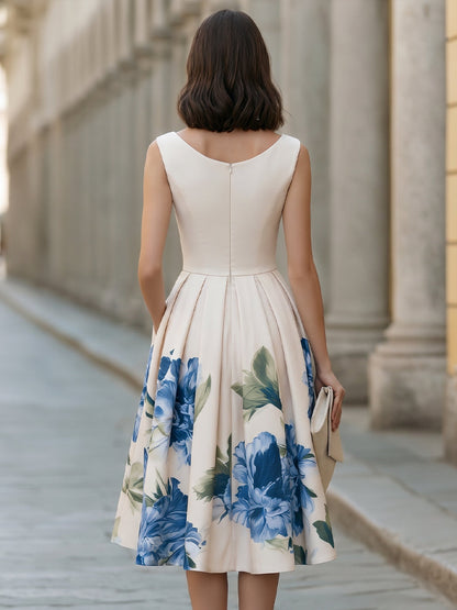 Elegant Boat Neck Sleeveless Floral Pleated Midi Dress