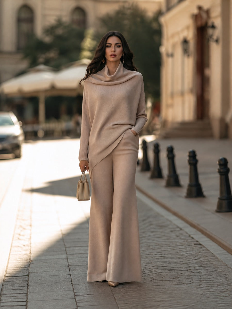 Draped Turtleneck Knit Top Wide-Leg Pants Set