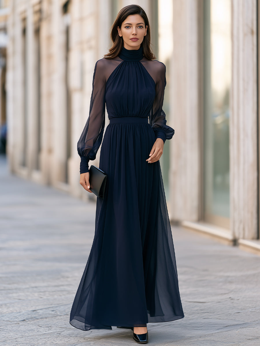 Elegant High Neck Sheer Sleeve Pleated Maxi Dress Draped Silhouette