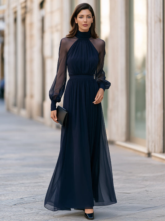 Elegant High Neck Sheer Sleeve Pleated Maxi Dress Draped Silhouette