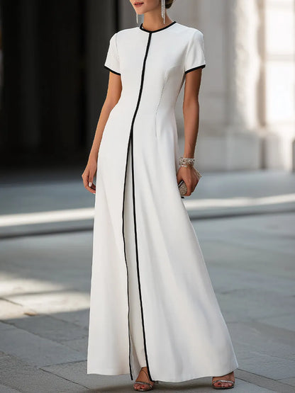 Contrast Piping Short Sleeve Maxi Dress & Wide Leg Pants Two-Piece Set