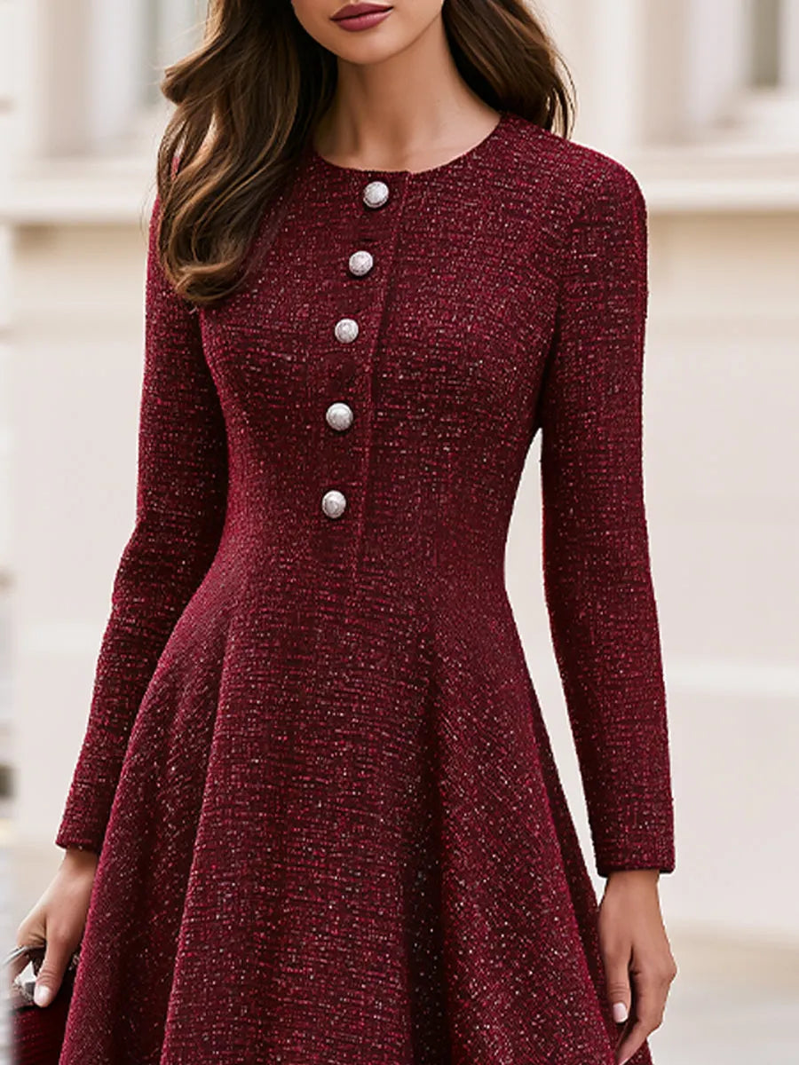 Tweed Round Neck Long Sleeve Fit & Flare Midi Dress