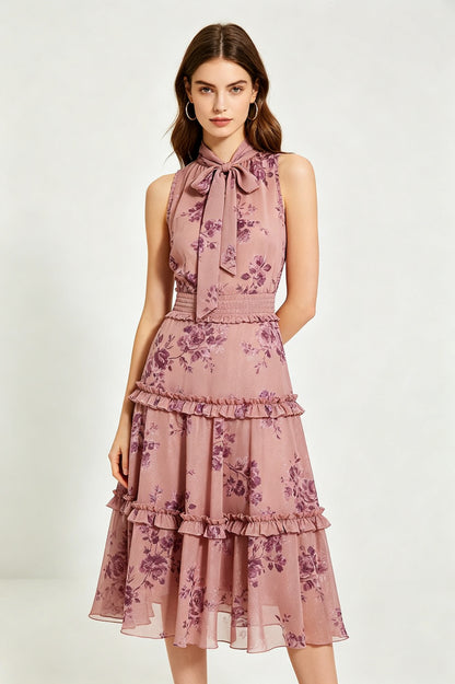 Lurex Floral Tiered Ruffle Midi Dress - Dusty Pink Mauve Floral