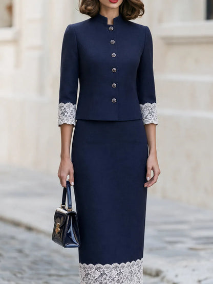 Stand Collar Button Front Lace Cuff Cropped Jacket & Lace Hem Midi Pencil Skirt