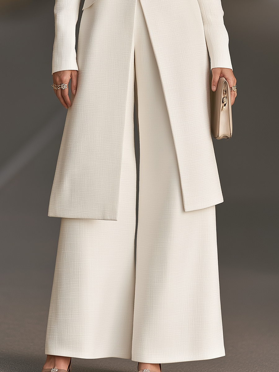 Round-Neck Button-Front Longline Jacket And Wide-Leg Trouser Set