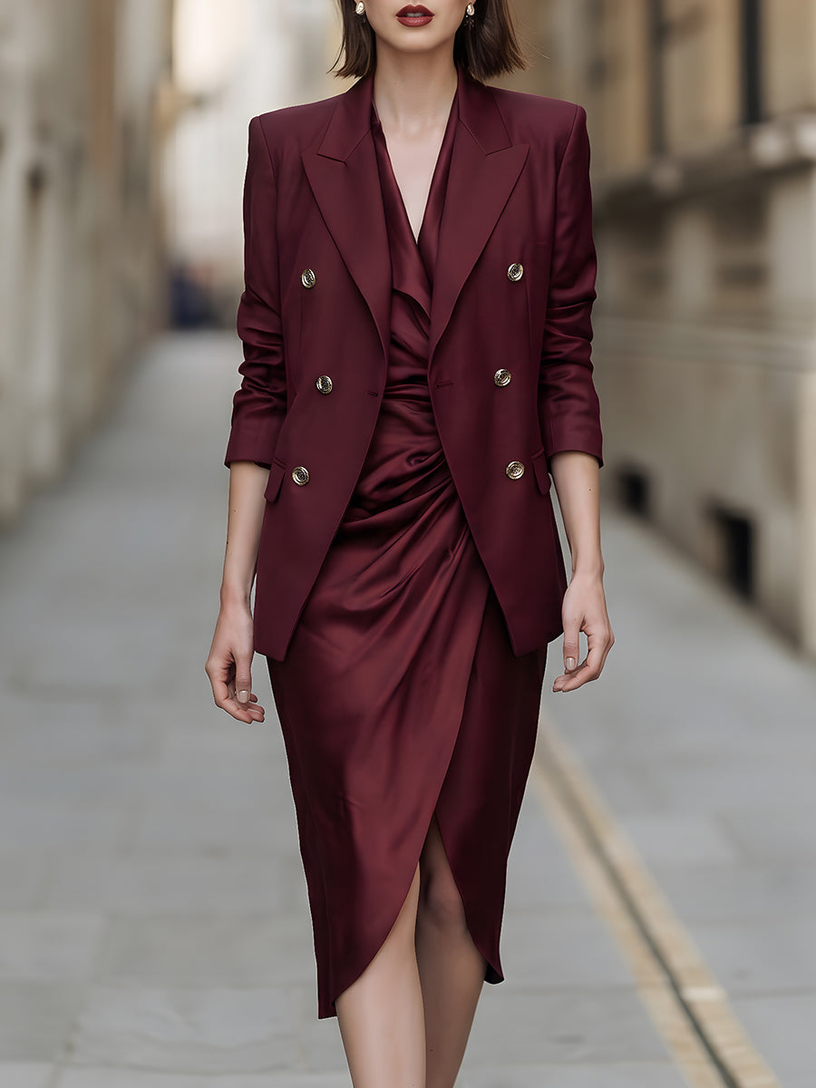 Satin Blazer & Draped Midi Dress Two-Piece Set