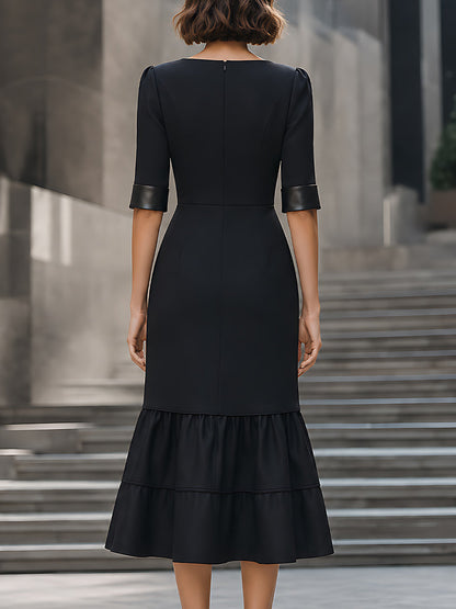 Leather-Trim V-Neck Tiered Midi Dress