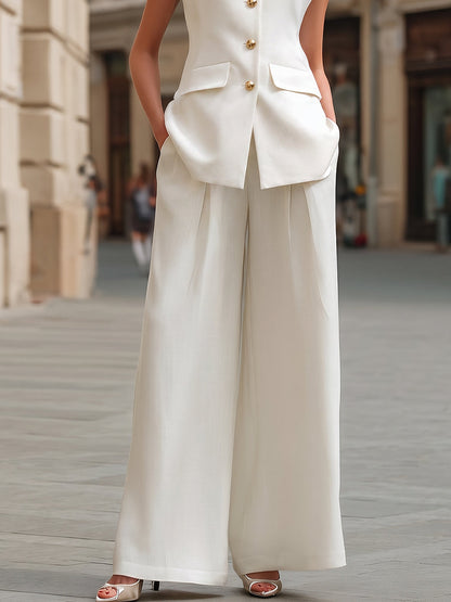 Minimalist Mandarin Collar Tailored Vest And Wide-Leg Trouser Set