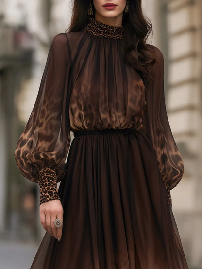 Puff Sleeves Leopard Print Chiffon Flowing Maxi Dress