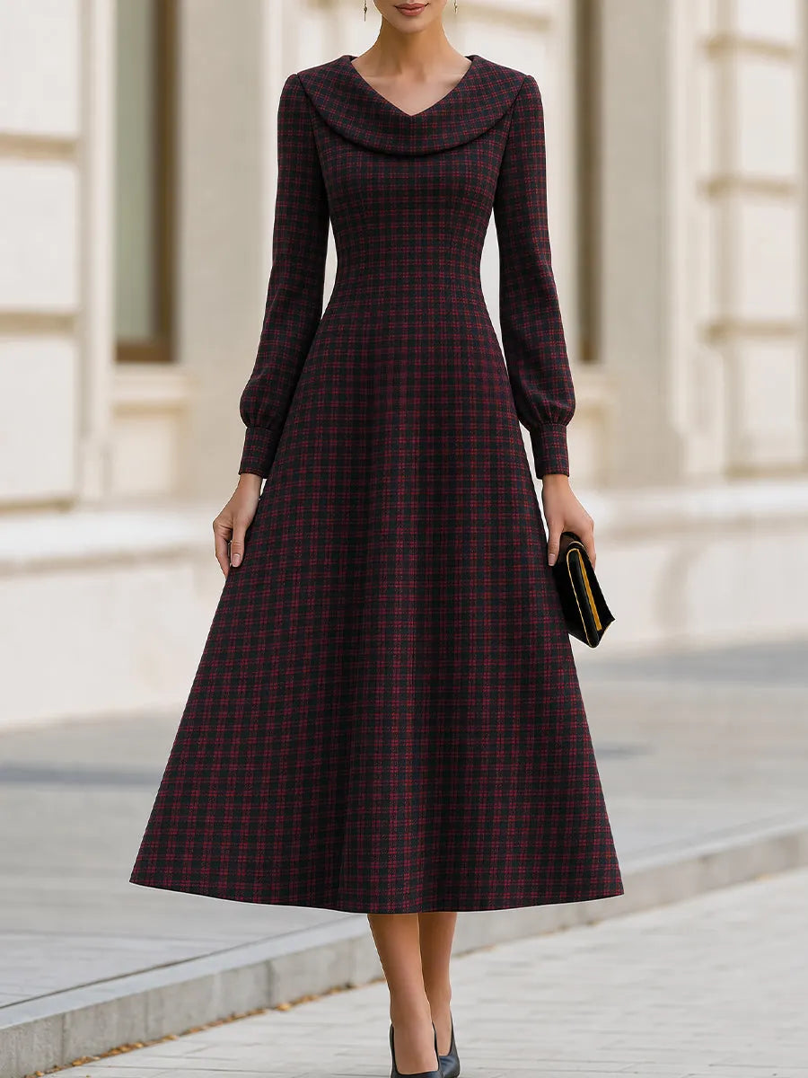 Plaid Cowl Collar Fit‐and‐Flare Midi Dress