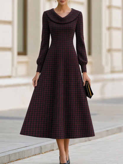 Plaid Cowl Collar Fit‐and‐Flare Midi Dress