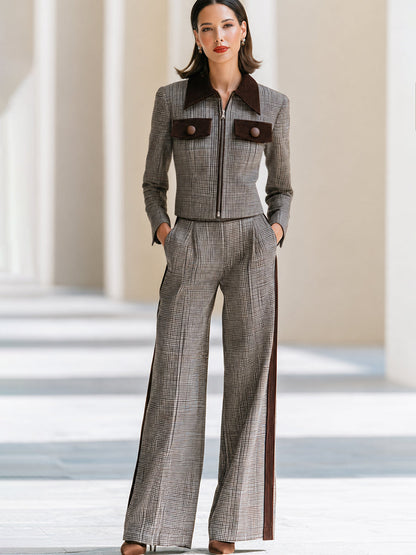 Contrast-Trim Plaid Jacket And Wide-Leg Pants Set