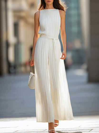 Pleated Sleeveless Tie-Waist Wide-Leg Jumpsuit