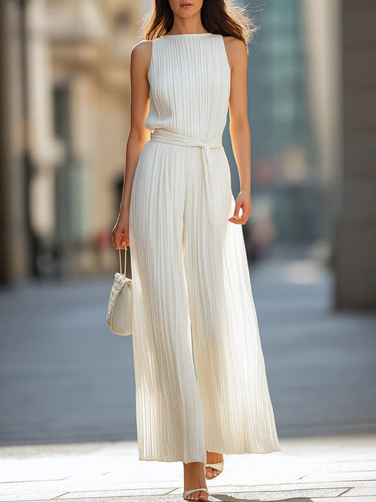 Pleated Sleeveless Tie-Waist Wide-Leg Jumpsuit